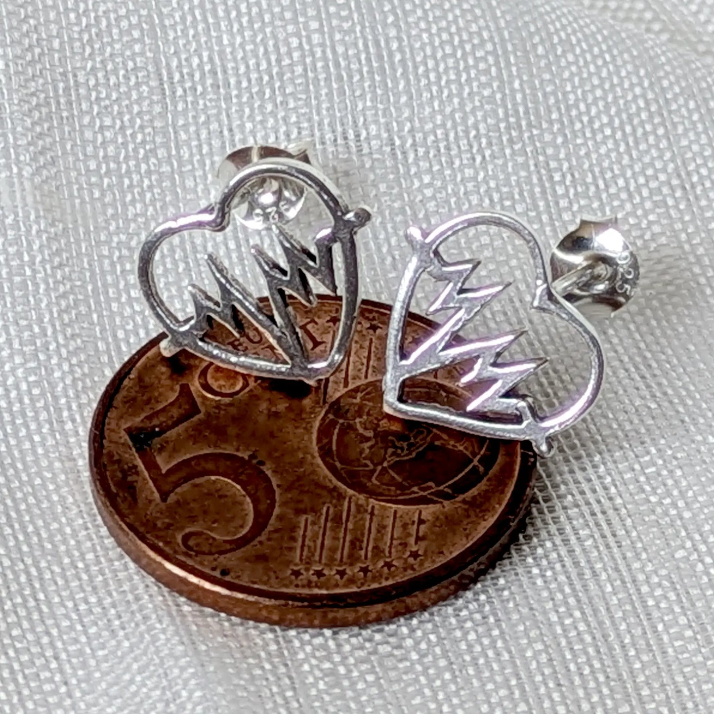 Größenvergleich der filigranen EKG Herz-Ohrstecker aus 925 Sterling Silber auf einer 5-Cent-Münze