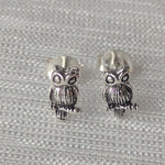 Lade das Bild in den Galerie-Viewer, Nahaufnahme der 925 Silber Ohrstecker, die das oxidierte Finish und die Gravur des Eulenmotivs zeigen.
