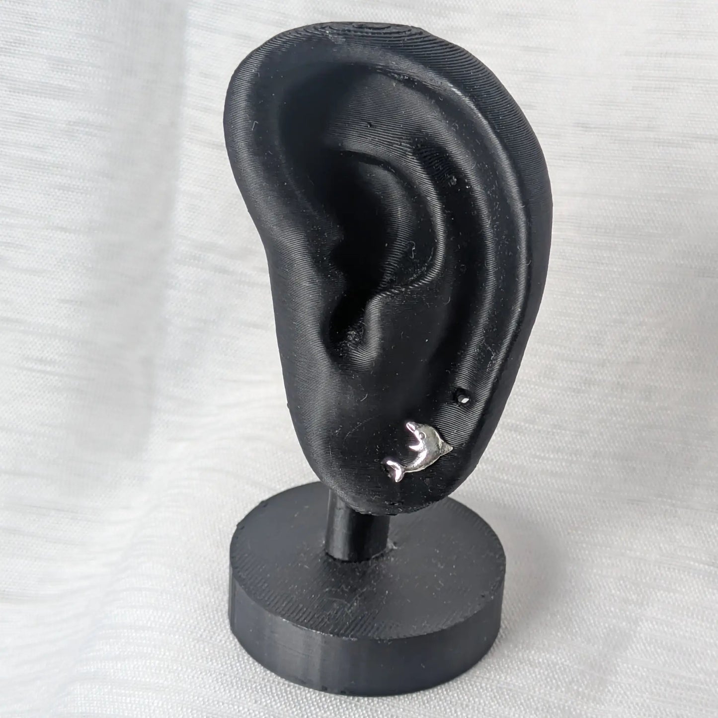 Delfin Silber Ohrstecker präsentiert an einem schwarzen Ohr-Display