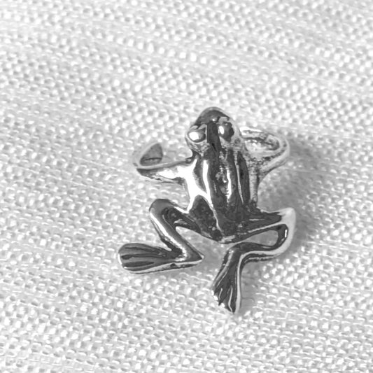 Detailansicht Frosch Ohrklemme 925 Silber mit oxidierter Struktur.