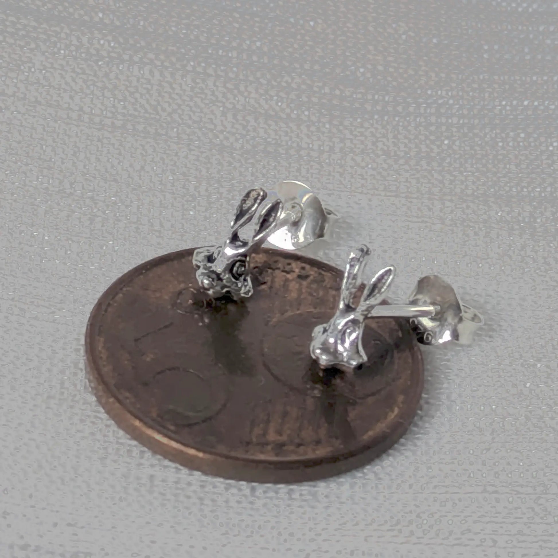 Größenvergleich Kaninchen Ohrstecker Silber auf 5-Cent-Münze.