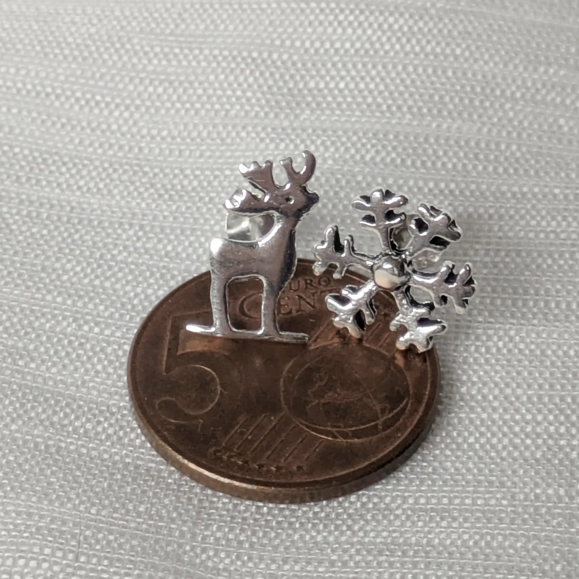 Größenvergleich der kleinen Silber-Ohrstecker auf einer 5-Cent-Münze zur Maßstäblichkeit.