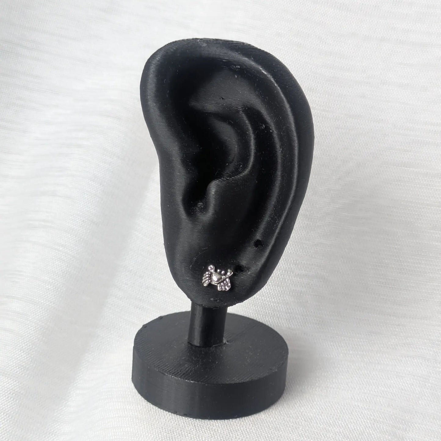 Ein Krabben Ohrstecker aus Silber getragen an einem realistischen schwarzen Ohr-Display.