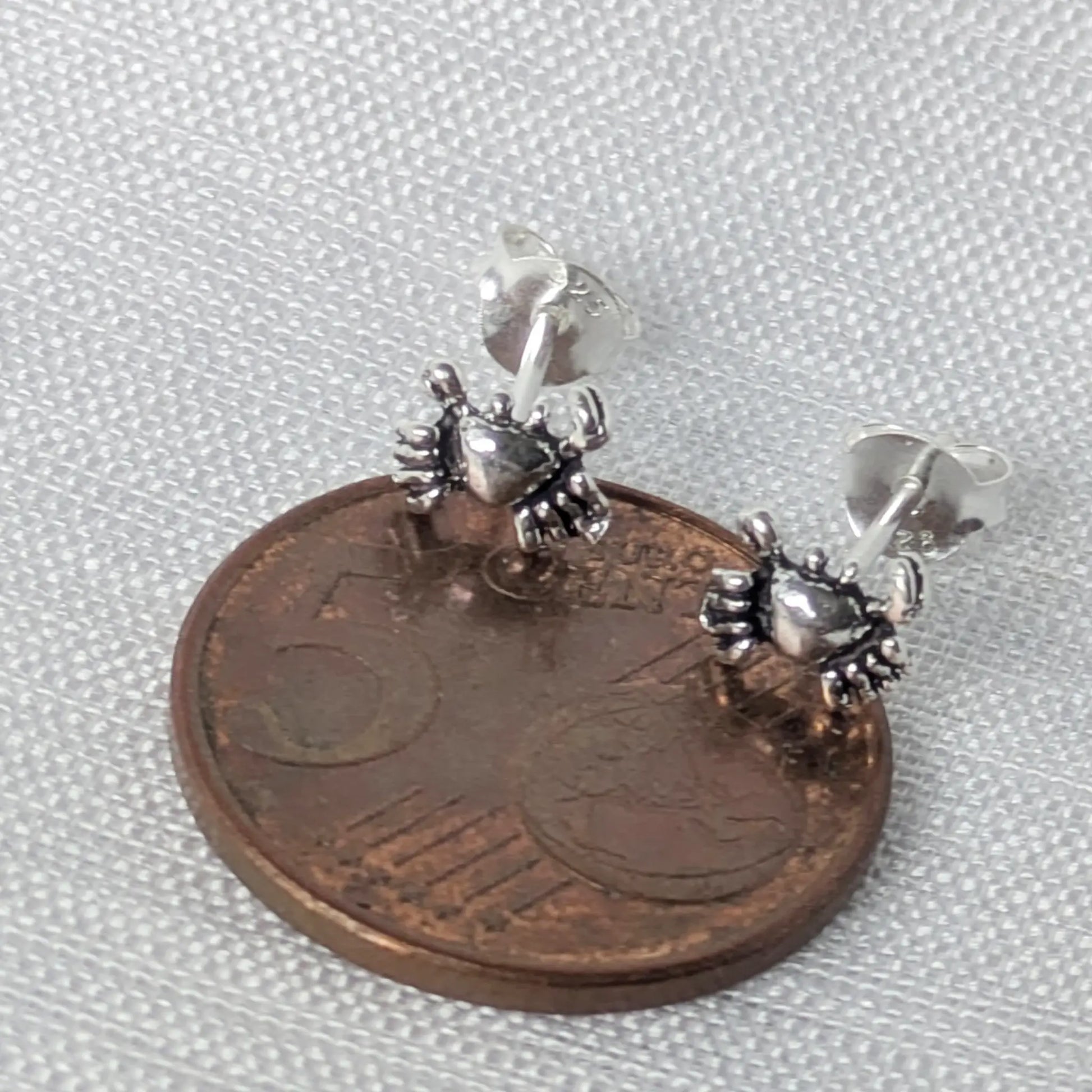 Größenvergleich: Kleiner Krabben Ohrstecker liegt auf einer 5-Cent-Münze.