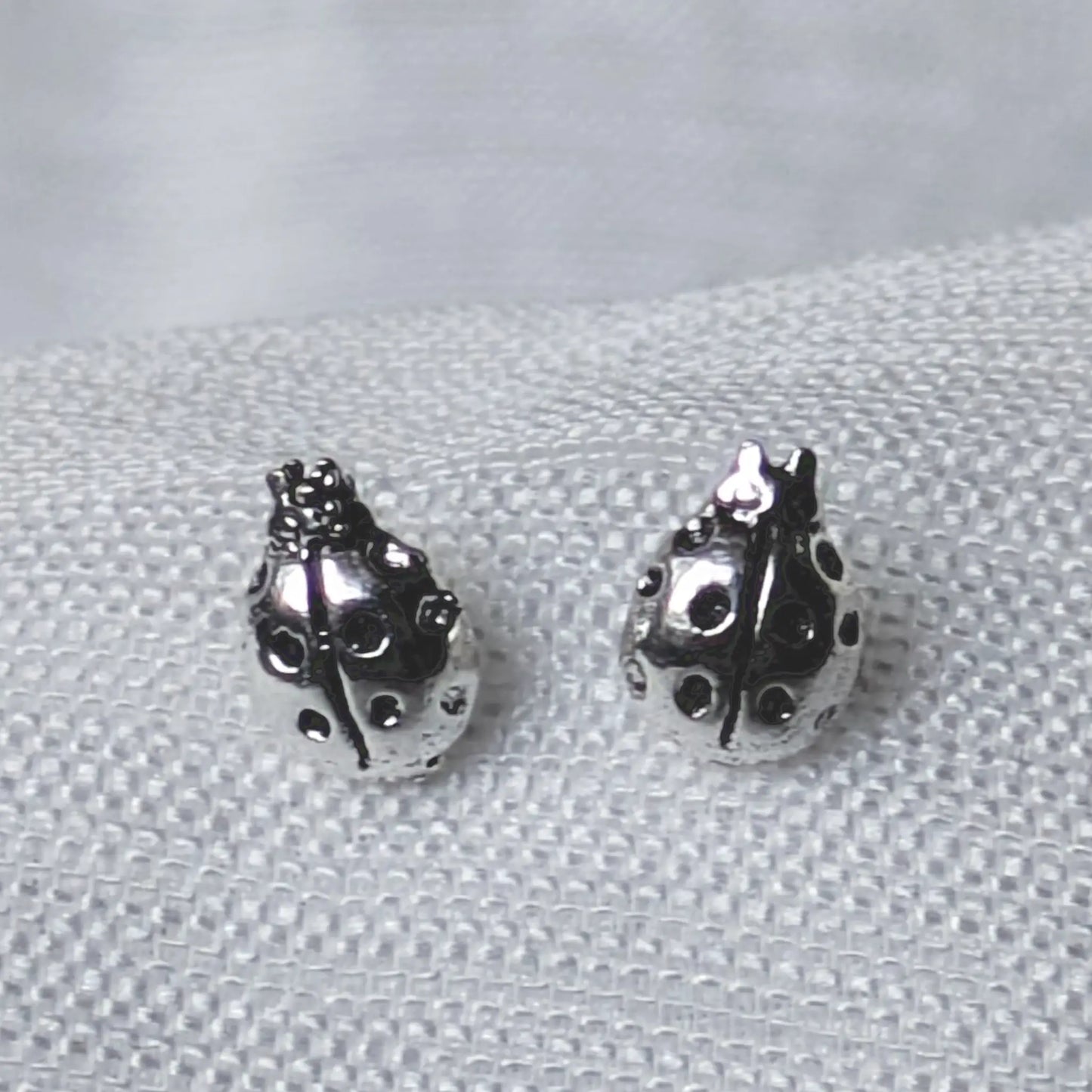 Detailreiche Nahaufnahme Marienkäfer Ohrstecker aus 925 Silber.