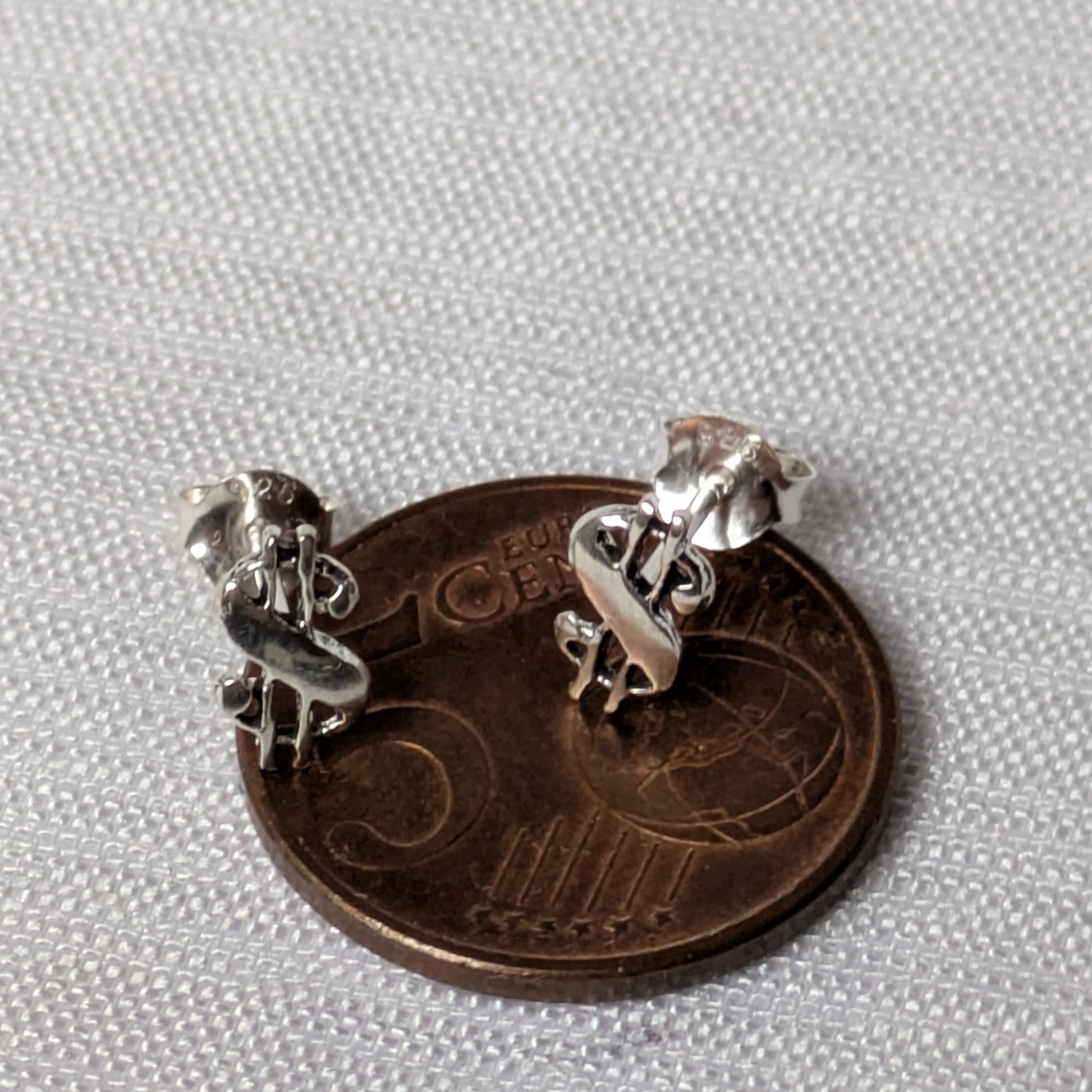 Größenvergleich der kleinen Dollar-Ohrringe auf einer 5-Cent-Münze.