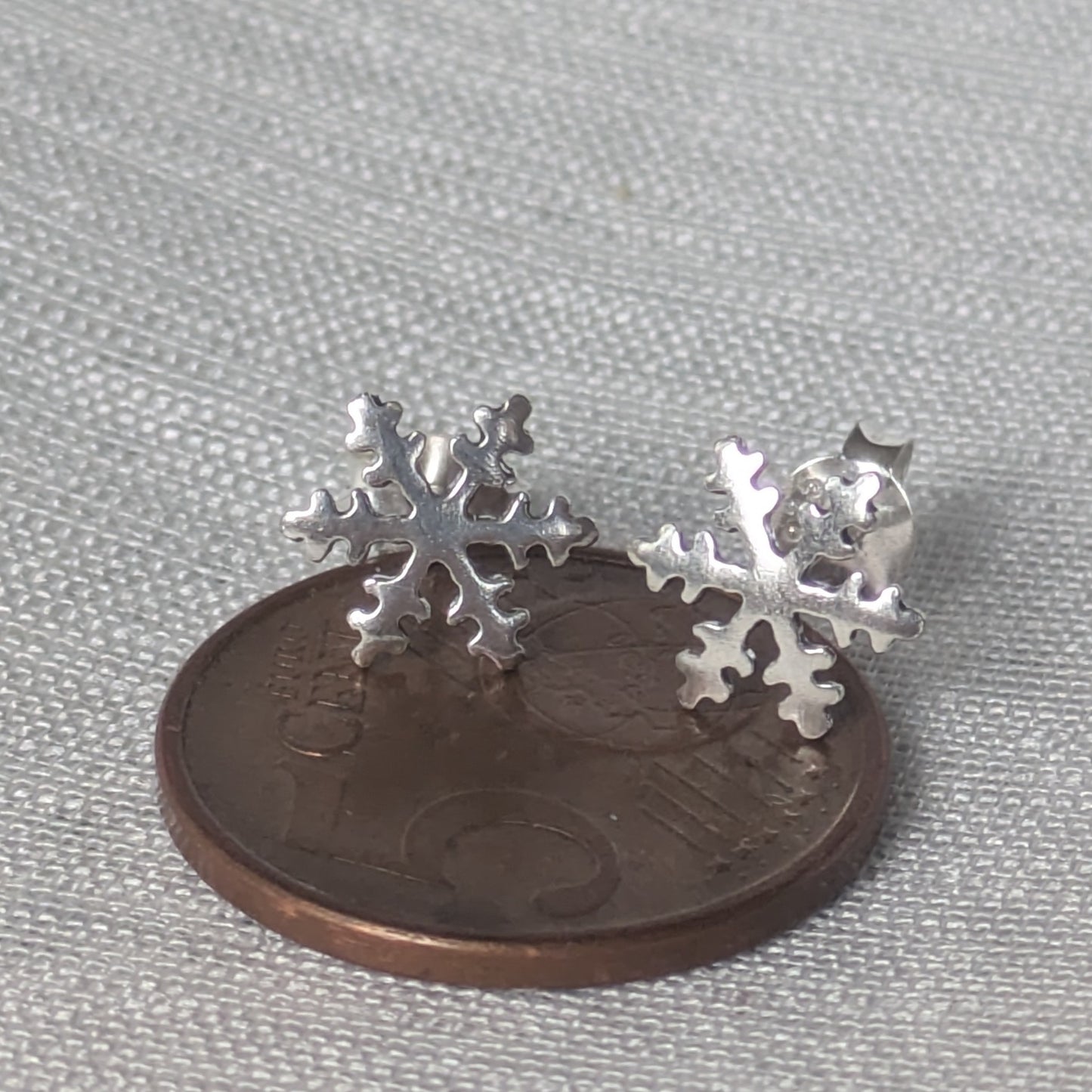 Größenvergleich: Silber Schneeflocke Ohrstecker neben einer 5-Cent-Münze, betont die kleine, feine Größe.