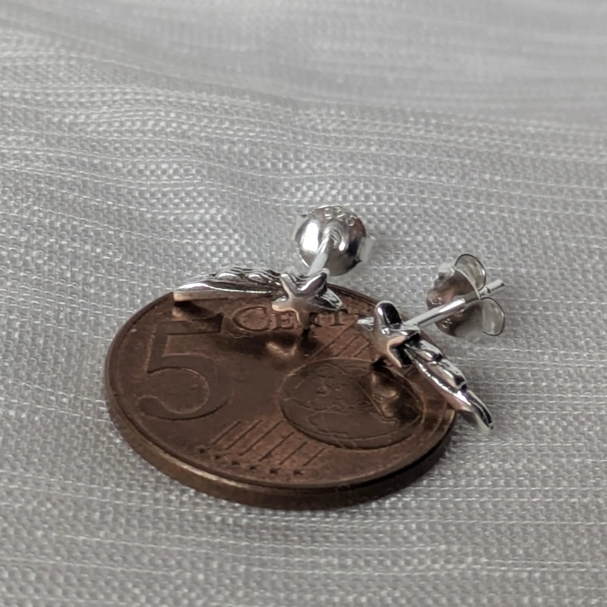 Größenvergleich der kleinen Sternschnuppen-Stecker auf einer 5-Cent-Münze.