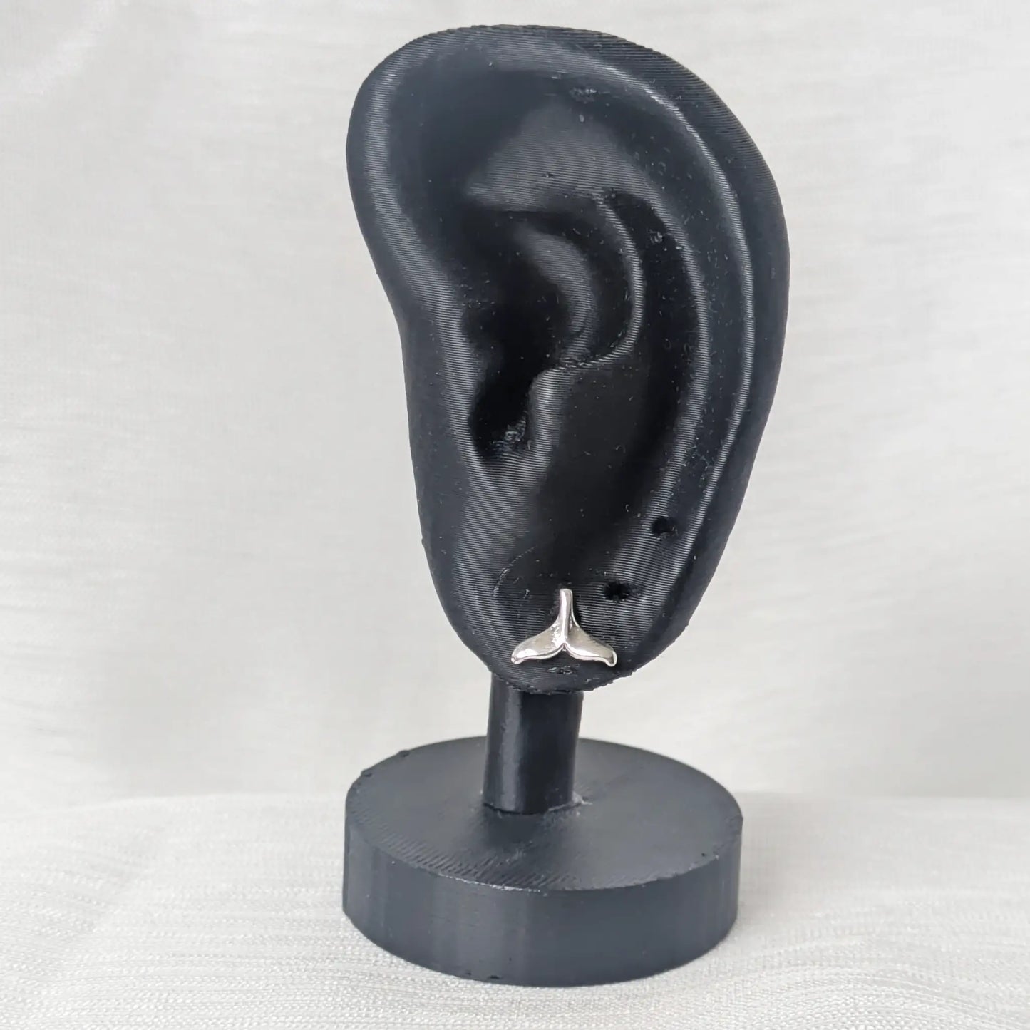 Walflosse Ohrstecker aus 925 Silber präsentiert an einem schwarzen Ohr-Display